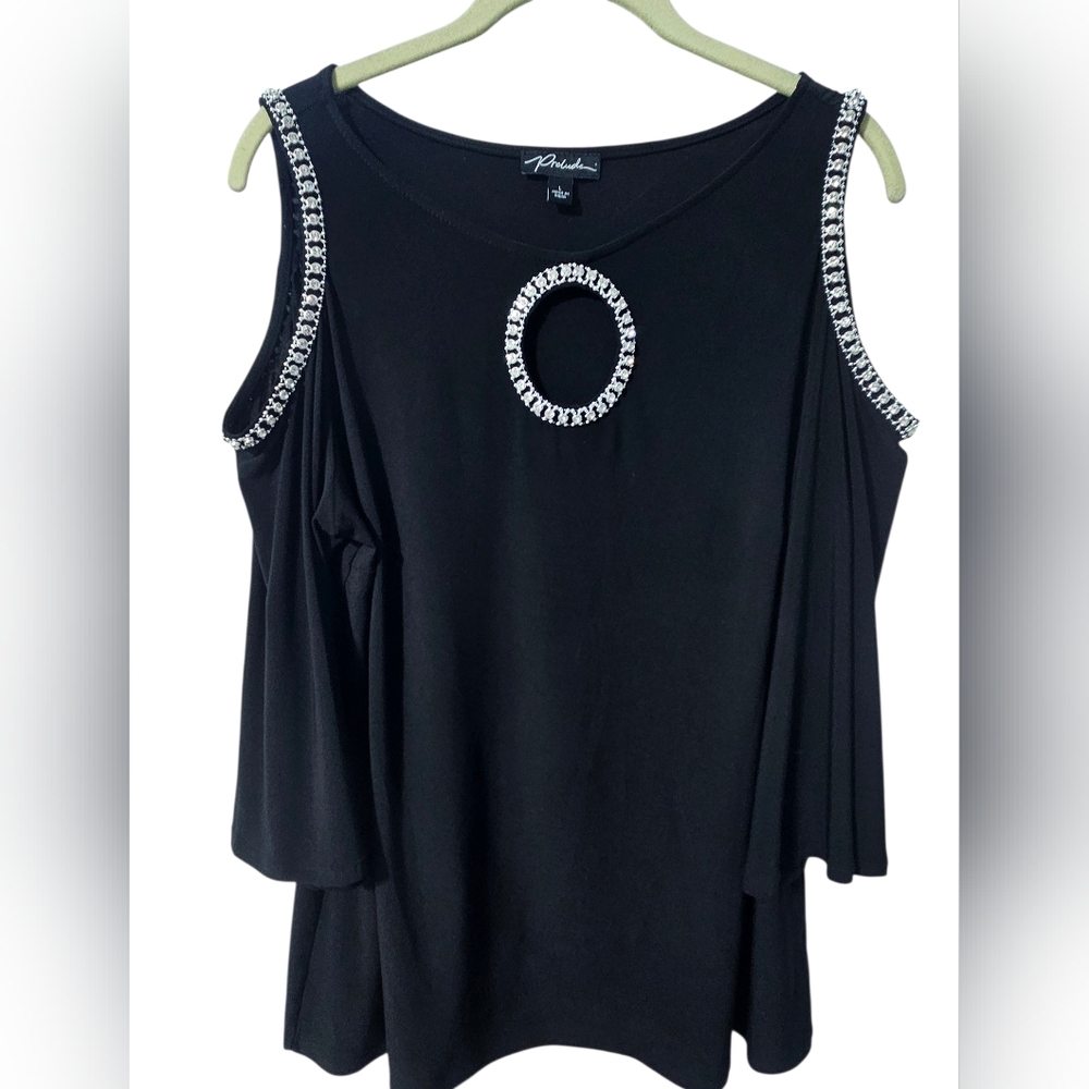 Perdue Womens Black Top with Rhinestones Around Shoulder & Round Front  Opening